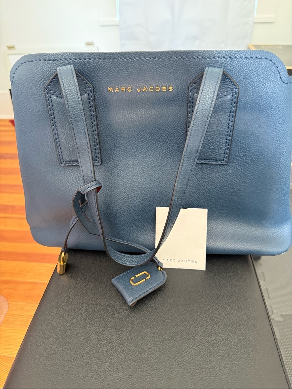 Marc Jacobs Blue Pebbled Leather Satchel with Gold Hardware